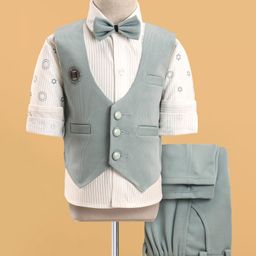 Radutu Full Sleeves Ribbed & Stars Printed 3 Piece Party Suit With Bow Set - Light Grey & White-image-30