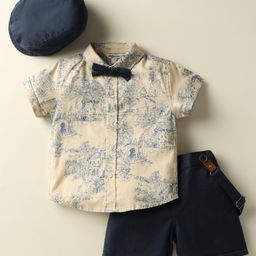 ToffyHouse Poplin Woven Half Sleeves Toile de Jouy Print Shirt with Shorts with Bow Suspender & Cap - Navy Blue & Beige-image-52