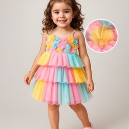 Babyhug Mesh Woven Sleeveless Fit & Flare Party Dress with Floral Applique - Pink Yellow & Blue-picture-1