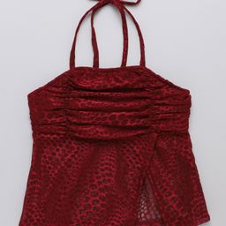 Taffykids Lace Knit Sleeveless Polka Dots Embroidered Ruched Slit Peplum Top - Maroon-image-1