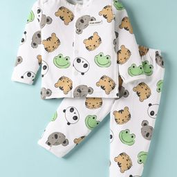 Pink Rabbit Single Jersey Knit Full Sleeves Co-ords Night Suit with Animal Print - White-image-73