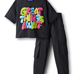 Pine Kids Single Jersey Knit Half Drop Shoulder Sleeves Top & Pant Set with Great Things Await Print - Black-picture-3