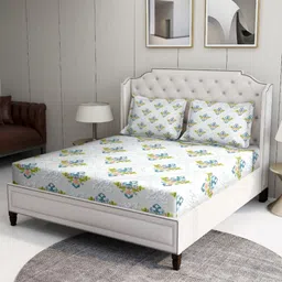 BOMBAY DYEING Grey & Green Floral 120 TC Queen Bedsheet with 2 Pillow Covers-picture-19
