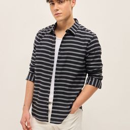 THE BEAR HOUSE Men Spread Collar Horizontal Striped Cotton Slim Fit Casual Shirt-image-74
