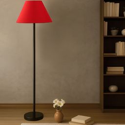 Devansh Red & Black Wooden & Cotton Frustum Shaped Floor Lamp-picture-49