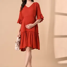 Aaruvi Ruchi Verma Rust Red Solid Maternity Fit and Flare Dress-image-39