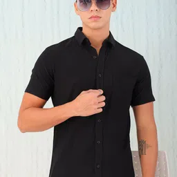 HARDSODA Men Spread Collar Solid Cotton Casual Shirt-image-80