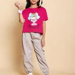 HERE&NOW Girls Printed Short Sleeves Pure Cotton T-shirt With Joggers-picture-9