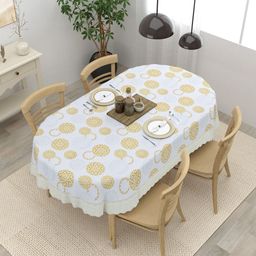 Clasiko Grey & Gold Toned Geometric Printed Anti-Slip Oval Shaped 4-Seater Table Cover-21