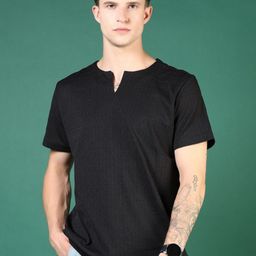V-Mart Men Self Design Henley Neck Cotton T-shirt-image-3