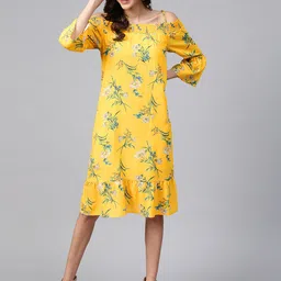 Zima Leto Women Yellow & Green Printed Off-Shoulder A-Line Dress-image-59