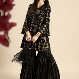 Anouk Women Black & Golden Ethnic Motifs Printed Kurta with Sharara-image-72
