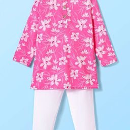 CrayonFlakes Boys Floral Printed Mandarin Collar Pure Cotton Kurta With Pyjama-25
