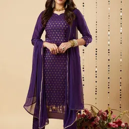 GoSriKi Floral Woven Design V-Neck Straight Kurta with Trousers & Dupatta-picture-22