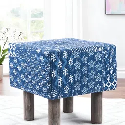 Ikiriya Blue Printed Wooden Square Ottomans-12