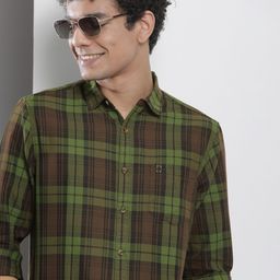 The Indian Garage Co Men Brown & Green Checked Pure Cotton Casual Shirt-image-24