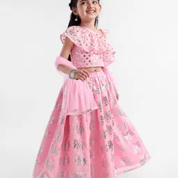 Saka Designs Singlet Sleeves Frill Detailing Choli Foil Print Lehenga with Dupatta - Baby Pink-picture-23