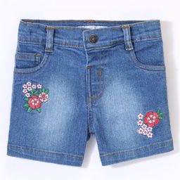 ToffyHouse Cotton Mid Thigh Length Stretchable Denim Shorts Floral Embroidery - Blue-image-98