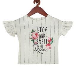 Tiny Girl Frill Half Sleeves Roses Printed & Pencil Striped Top - Off White-image-55