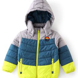 Babyhug Woven Full Sleeves Hooded Jacket Mountain Badge - Green & Grey-image-70