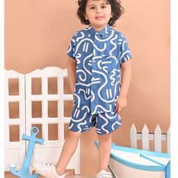 Superminis Rayon Printed Half Sleeves Abstract Printed  Shirts & Coordinating Shorts  Set - Yale Blue-image-1