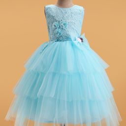 Bluebell Woven Lace Sleeveless Layered Party Frock With Bow & Floral Applique - Light Blue-picture-15