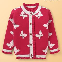 Babyoye Cotton Lurex Knit Full Sleeves Front Open Sweater with Butterfly Design & Frill Detailing - Red-image-50
