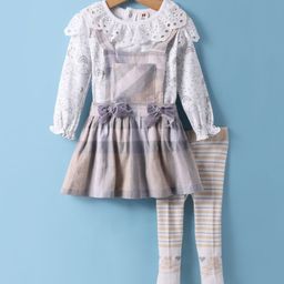 ToffyHouse Cotton Knit Checkered Frock & Full Sleeves Animal Printed Inner T-Shirt & Stockings - Beige-image-69