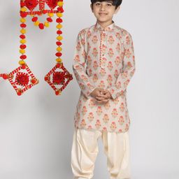 Vastramay Silk Full Sleeves Floral Printed Kurta & Patiala Set - Beige & Cream-image-11