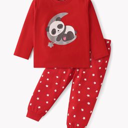Babyhug Cotton Knit Full Sleeves Night Suit with Panda & Stars Print - Red-image-92
