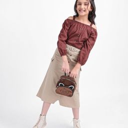 OLLINGTON ST. Cotton Swiss Dot Cold-Shoulder Top & Twill Skirt - Brown & Beige-26