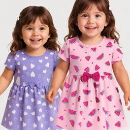 Doodle Poodle Cotton Knit Half Sleeves Hearts & Watermelon Printed Frocks with Bow Applique Pack of 2 - Pink & Lavender-picture-19
