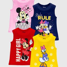 KUCHIPOO Cotton Blend Pack Of 4 Mickey & Friends Featuring Sleeveless Characters Printed Tees - Red Blue Yellow & Pink-image-80
