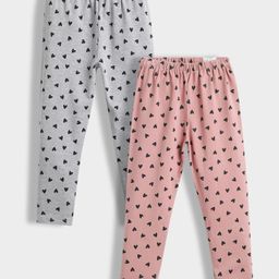 Orange Sugar Cotton Lycra Knit Pack Of 2 Hearts Printed Stretchable Leggings - Grey & Coral Pink-image-66