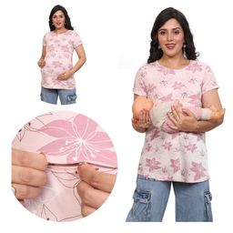 Mama & Bebe Soft Cotton Knit Half Sleeves Floral Printed Maternity Tee With Front Open Two Layer Lift Nursing Access - Peach-image-96