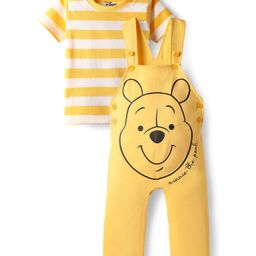 Babyhug Disney Cotton Knit Half Sleeves Striped Tee & Dungaree With Winnie The Pooh Graphics - Yellow-picture-29