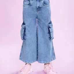 Kiddopanti Denim Woven Mild Washed Cargo Flared Jeans - Light Blue-picture-2