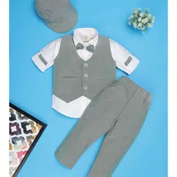 Rikidoos Full Sleeves Checked 3 Piece Party Suit Set With Bow & Cap - Green & White-picture-21