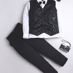 Fourfolds Woven Full Sleeves Veils Printed 3 Piece Party Suit Set With Bow - Black-image-100
