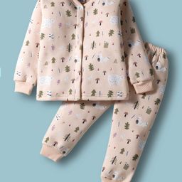 Teddy Fleece Knit Full Sleeves Winter Wear Co-ords Night Suit With Animal Print - Beige-picture-13
