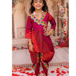 KID1 Cotton Woven Navratri Theme Three Fourth Sleeves Bandhani Designed Mirror Work Embellished Kurti Dhoti Set - Pink-picture-0