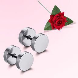 Peora Stainless Steel Men Silver-Plated Circular Shaped Double Sided Studs With Red Rose-26