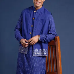 Taavi Men Printed Regular Pure Cotton Taavi Festive Kurta With Trousers & Nehru Jacket-picture-10