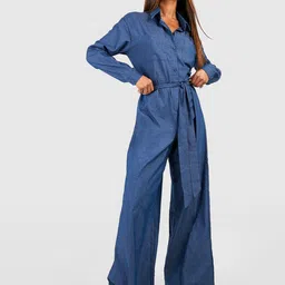Boohoo Shirt Collar Chambray Jumpsuit-image-53