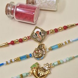 MEIRA JEWELLERY Set Of 3 Beaded Rakhi With Greeting Card & Roli Chawal-13