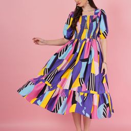 LookShine Women Geometric Printed Square Neck Puff Sleeve A-Line Midi Dress-image-14