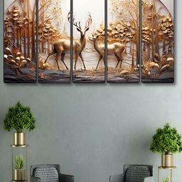 SAF White & Gold-Toned 5 Pieces Deer Printed Wooden Wall Arts-image-51