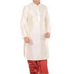 DEYANN Off-White & Rust Red Dupion Silk Kurta Set-image-64