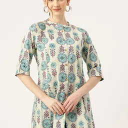 FERANOID Women Floral Print Mandarin Collar Cotton High-Low Top-image-86