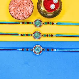 ORANGENYSHA Set Of 3 American Diamond Studded & Beaded Meenakari Thread Rakhis-picture-25